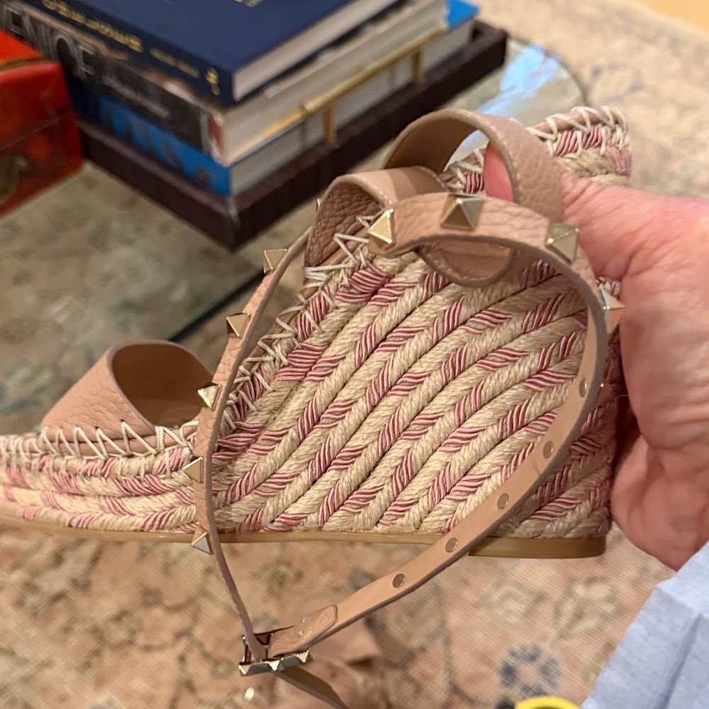 Valentino Pink and Tan Studded Espadrille Wedge Sandal